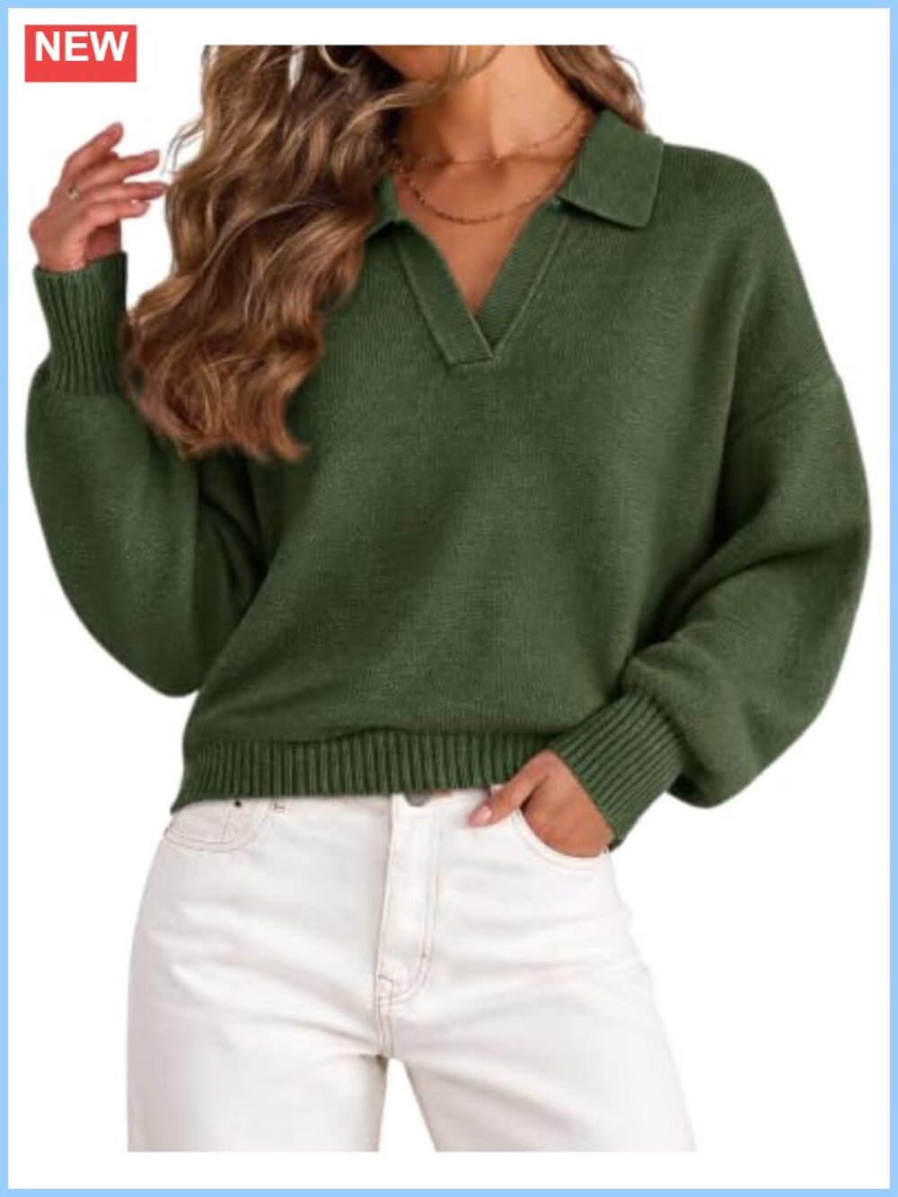 Oversized Polo V Neck Knit Sweater Balloon Sleeve Pullover
